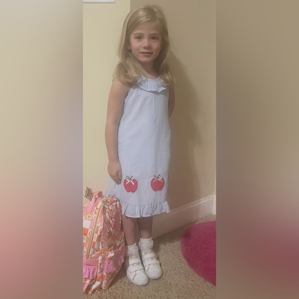 Stitchy Fish Blue Sleeveless Kids Dress with Red Apples - Picture 2 of 12